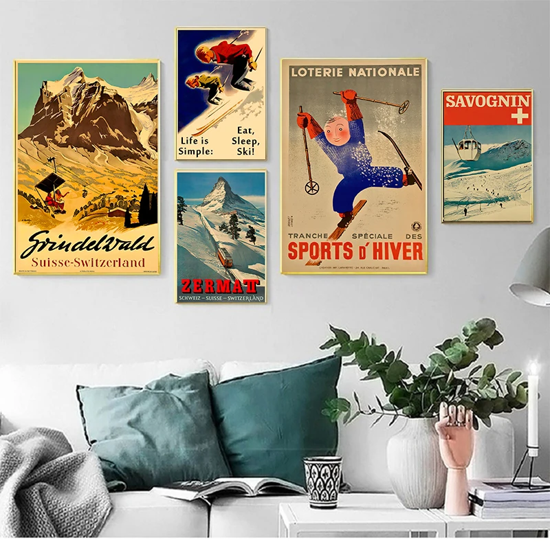 

Art Ski in Australia France Canvas Painting Skiing Vintage Wall Kraft Posters Coated Wall Stickers Home Decoration Picture Gift