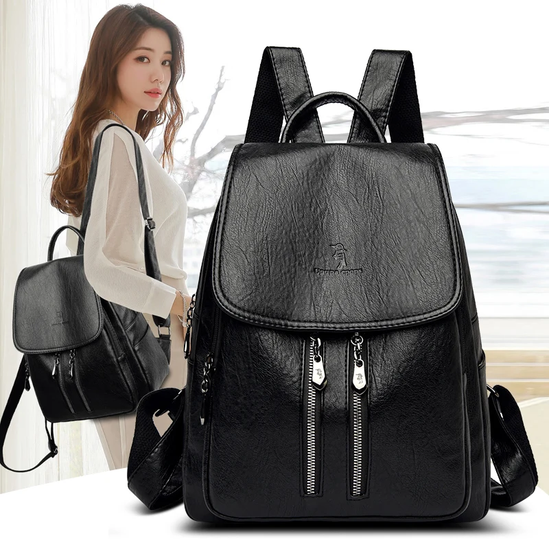 

Vintage Women Backpack Quality Soft Leather Backpacks 2021 New Casual Mochila Solid Color School Bags for Teenage Girl Backpack