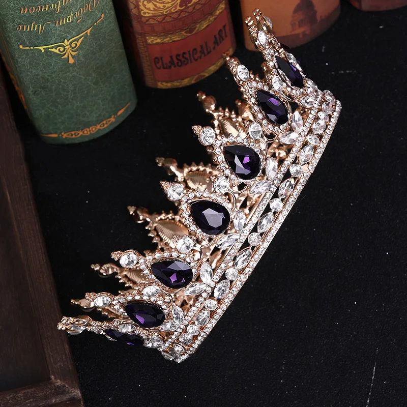 Luxury Round Queen Crowns Shinny Crystal Gold Bridal Tiara With Burgundy Rhinestones New Princess Marrige Accessory SQ0295 - Цвет: Purple rhinestone