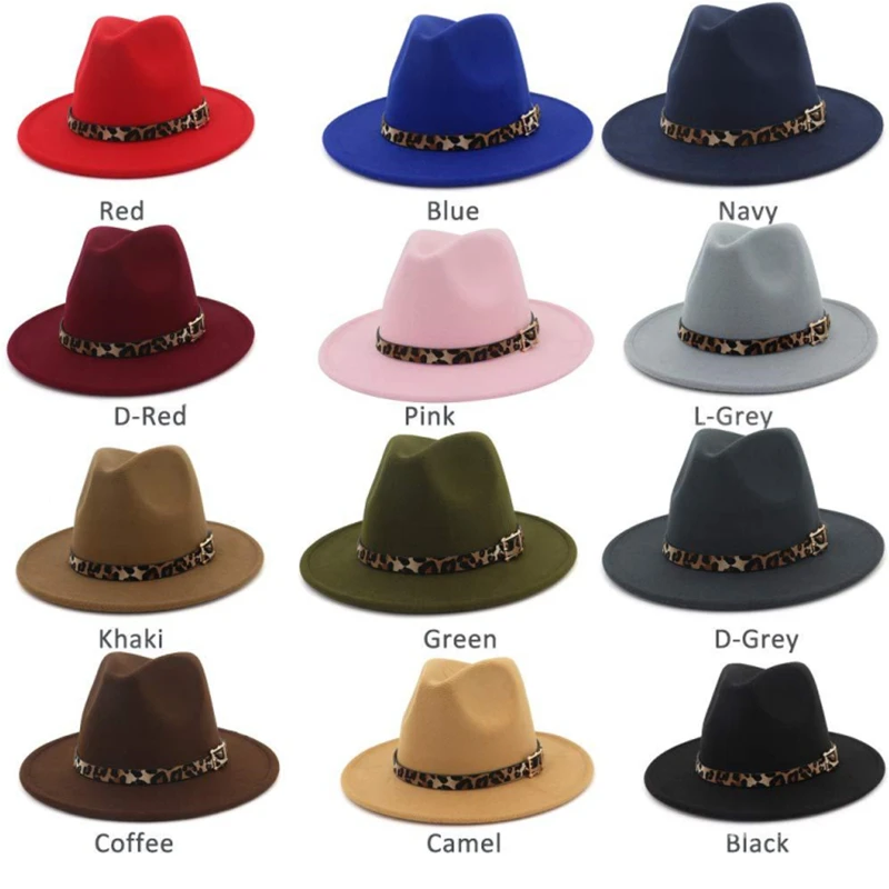 

Simple unisex fedora hat women leopard print leather wide brim jazz hat autumn and winter fashion panama woolen top hat