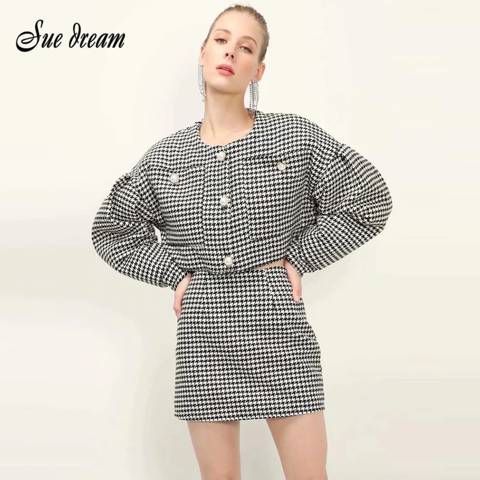 

2021 Autumn And Winter New Pearl Button Houndstooth Short Tweed Jacket High-Waisted Skirt Western Celebrity Small Fragrance Suit