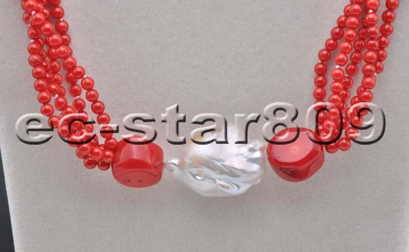 

S2176 5Row 20" Red round Coral bead White keshi pearl Necklace