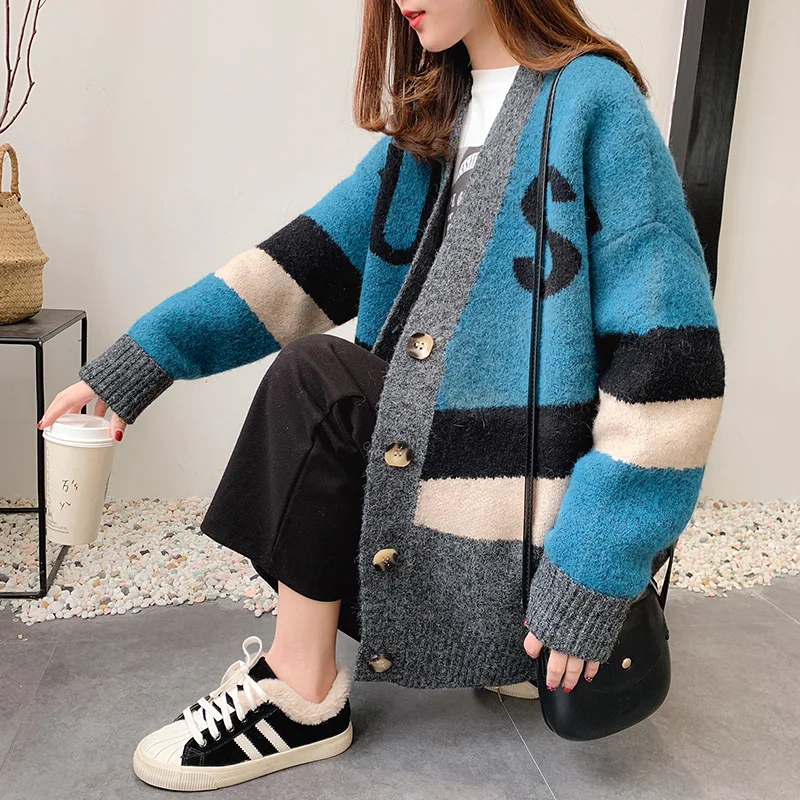 

Women Knit Jacket Sweater Cardigan Stripe Winter Korean New Fashion Printing Loose Casual Cardigan Knit Top Coats Warm Clothes