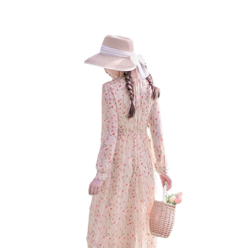 

French Print Spring Summer Party Long Dress Sexy Dress Plus Size Women Vintage Dresses V-Neck Regular Floral Chiffon Dress