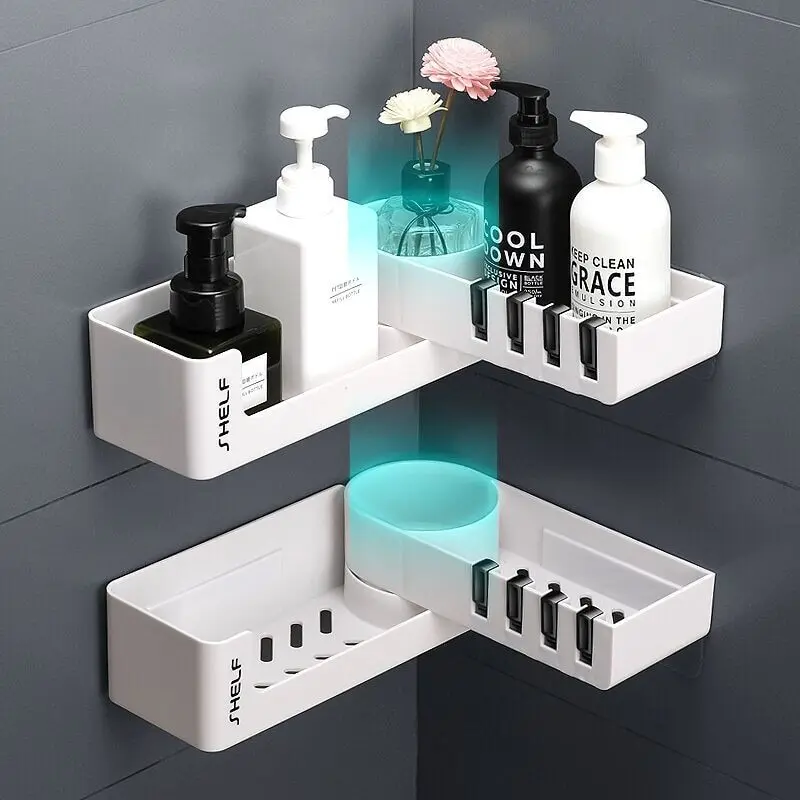 

Bathroom Corner Shower Shelf Rack With 4 Hook Wall Mounted For Shower Shampoo Organize Rotatable Self Adhesive Kitchen Storage