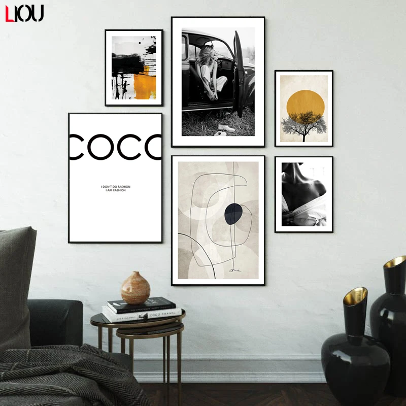 Модный постер для привлекательной леди черная белая абстрактная стена желтая