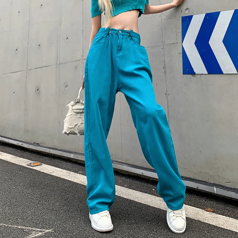 

Женские свободные джинсы Nic, с высокой талией и широкими штанинами, белого и синего цветов, мешковатые брюки, 2021