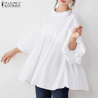 elegant pleated shirts womens spring solid blouses zanzea 2021 casual puff sleeve blusas female o neck tops tunic