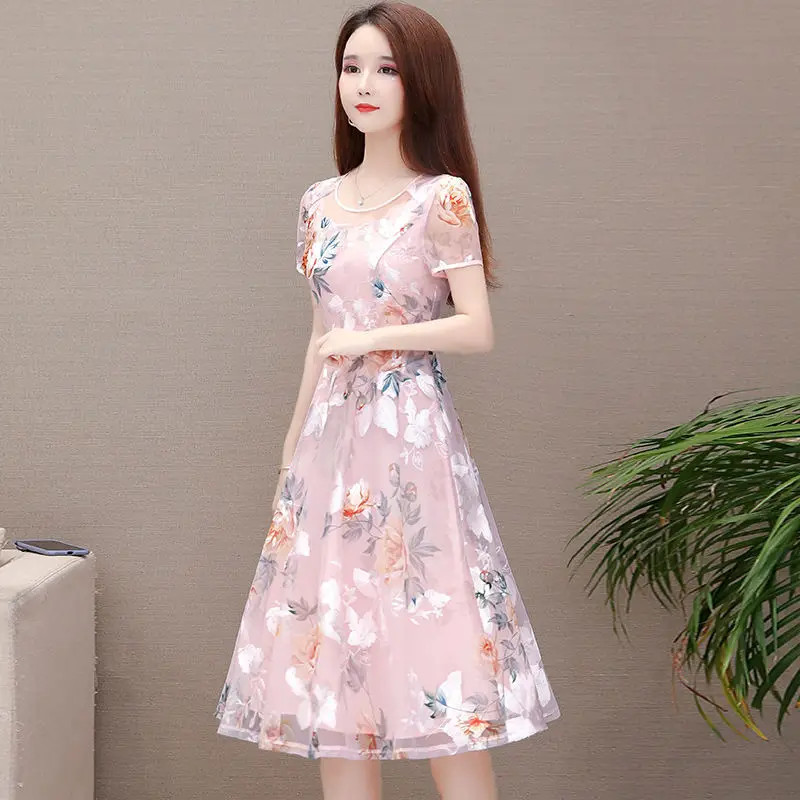 

Women's Spring Summer Style Chiffon Dress Women's Short Sleeve O-neck Ruffles Printed Elegant Slim Dress SS1705