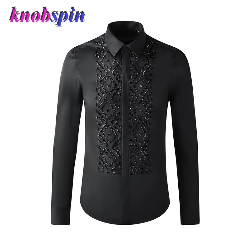 Black Stone Beaded Geometric metal Men Shirt Long Sleeve Slim Chemise homme High quality Cotton Business Male Dress Shirts