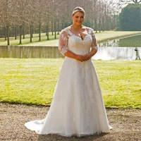 classic plus size wedding dresses 2020 vestidos de noivas v neck 34 sleeves a line tulle custom made appliqued bridal gowns
