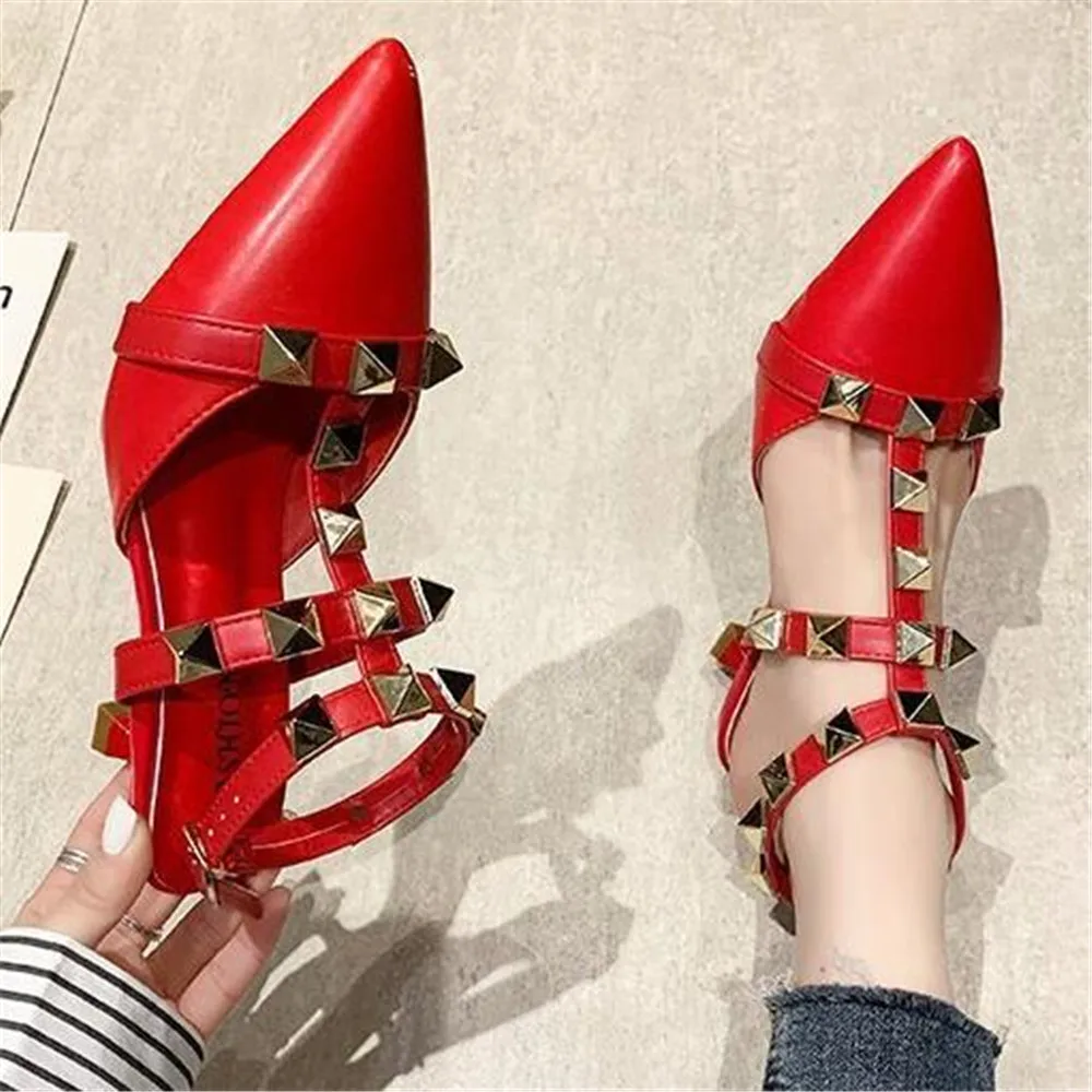 

Women's Sandals Pointed Toe Ladies Sandal Slipper 2022 Fashion Rivet Shoes Casual Female High Heeled Pumps Black White Red Brown