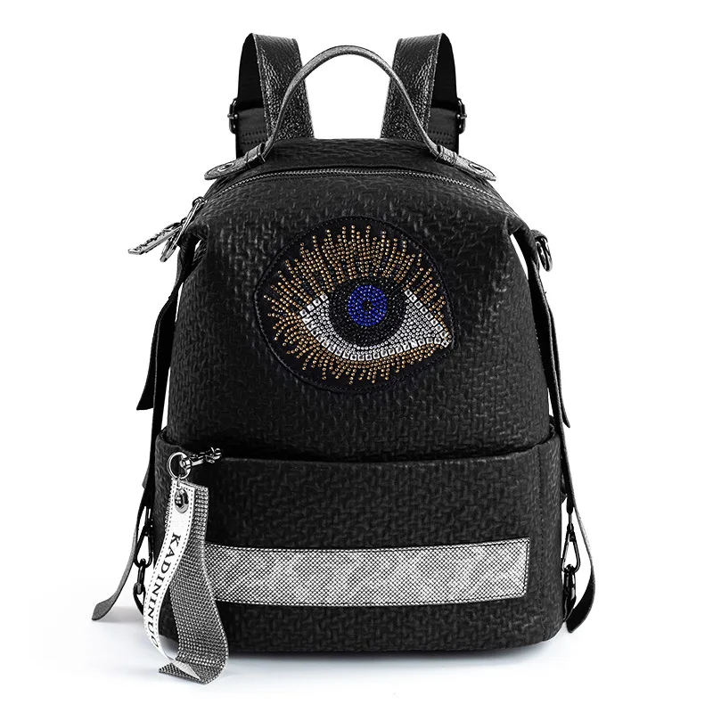 

Женский кожаный рюкзак JBackpack, стразы для глаз, Модный повседневный черный рюкзак с камнями
