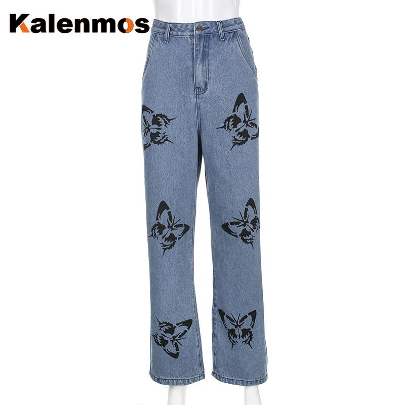 

2020 New Summer Vintage Jeans Woman Denim Long Trousers Boyfriend Cowboy Female Loose Streetwear Butterfly Print Plus Size Pants