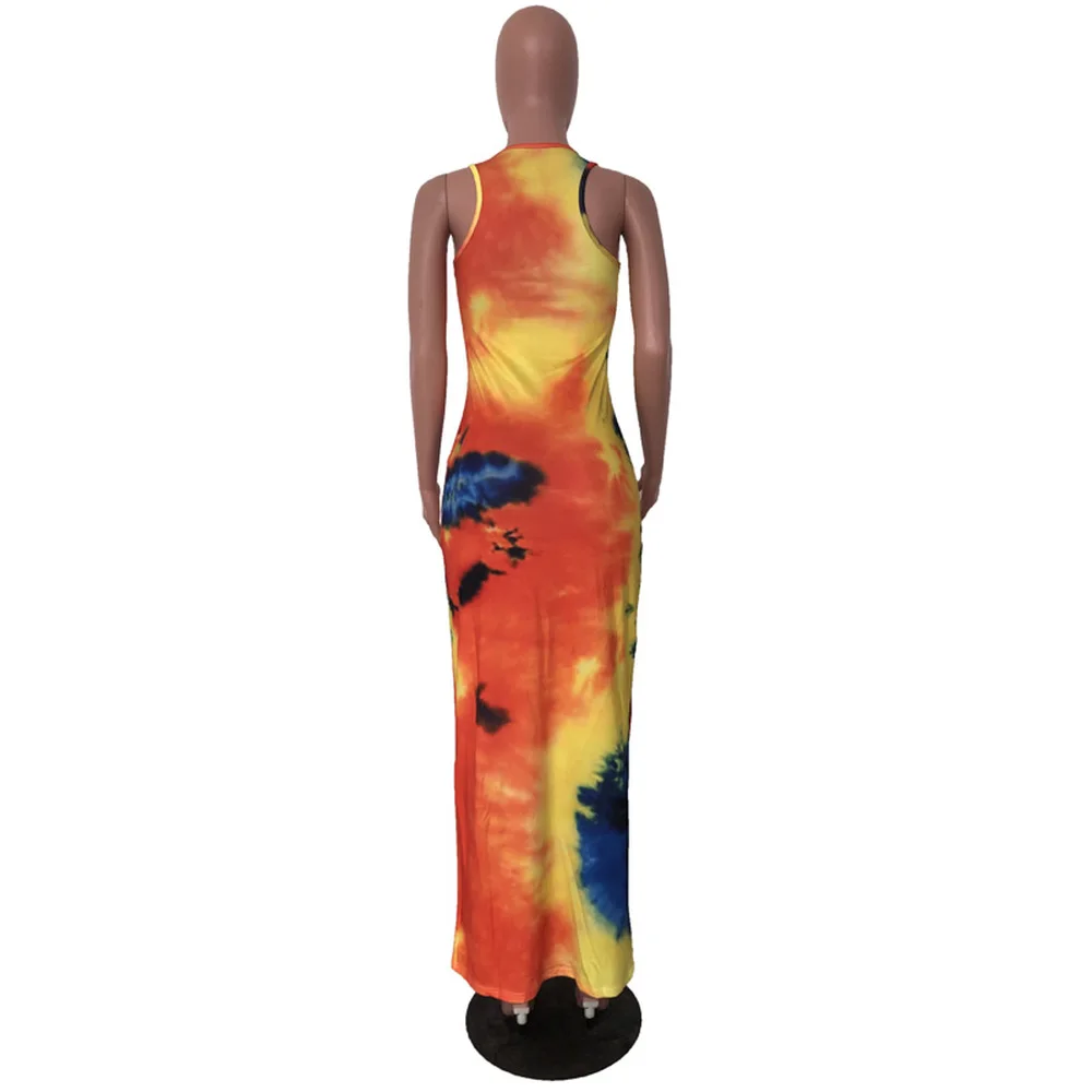 

Rainbow Tie Dye Print Summer Sheath Dress Women Scoop Neck Sleeveless Long Party Dress Vintage High Waist Bohemian Beach Dresses