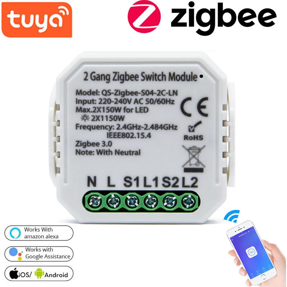 

Tuya Zigbee Smart Switch Module No /With Neutral 220V-240V 2 Way Wireless Light Switch Compatible with Alexa Google Home DIY