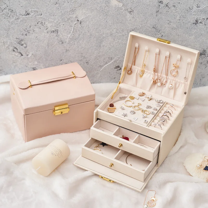 

Three-layer Leather Drawer Type Jewelry Box Creative Earring Jewelry Storage Box Portable Earrings with Lock Jewelry Box