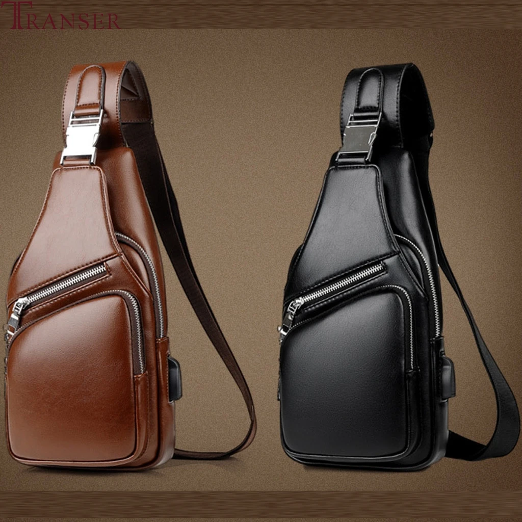 

Transer Functional Leather Crossbody Chest Bags Men Casual Waist Bags USB Charging Phone Pouch Antitheft Travel Shoulder Package