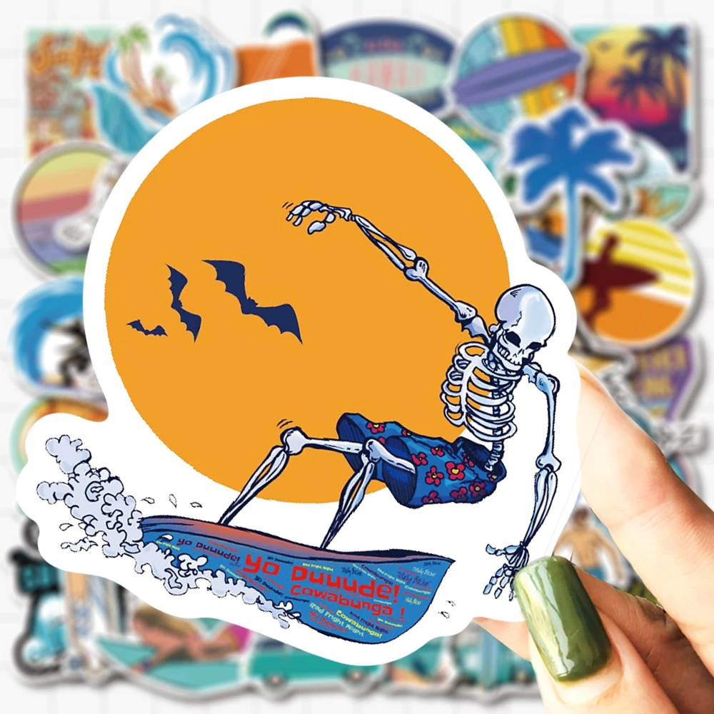

50 pcs Surfing Theme Cartoon Stickers Vinyl Waterproof Stickers for Kids Teens Adults Luggage Laptop Bike Skateboard Supplies