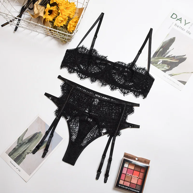 

Ellolace Lace Lingerie Underwear Women Sexy Lingerie Set Push up Bra Lenceria Sexy Things 3 Piece Set Black Erotic Lingerie