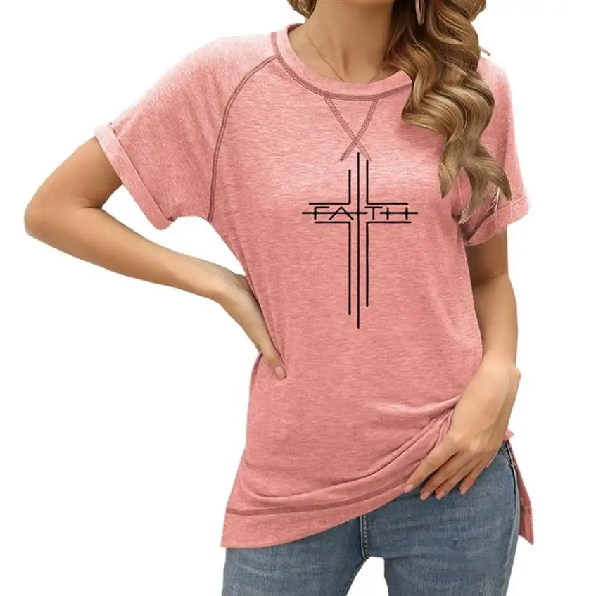 

New Arrival T-Shirt For Women Jesus Faith Letters Print Colorblock Crossover Loose Top With Short Sleeves Tops T-Shirt Women