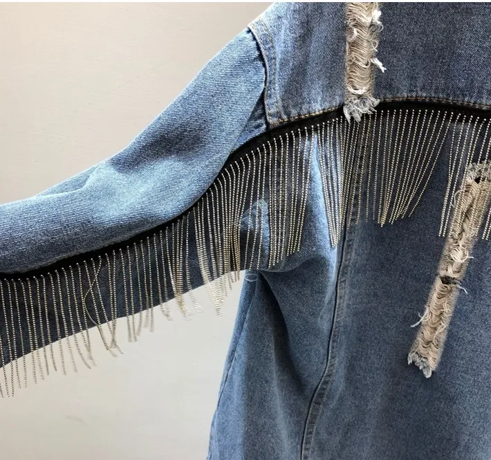 

2019 New Fashion Autumn Heavy Work Tassel Chain Hole Denim Jacket Female Long Sleeve Loose Cowboy Coat Jeans Jackets