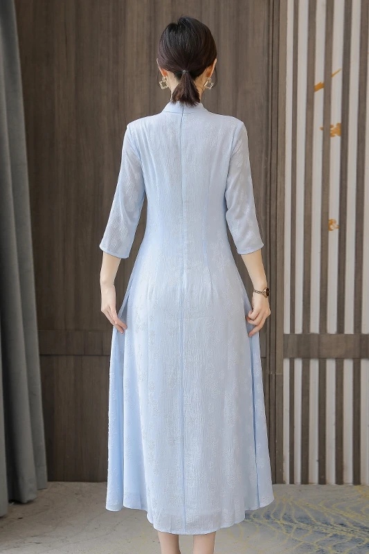 

COIGARSAM 4XL Plus Size Chinese Style Women dress Spring Cheongsam Vintage Dresses White Light Blue 6853