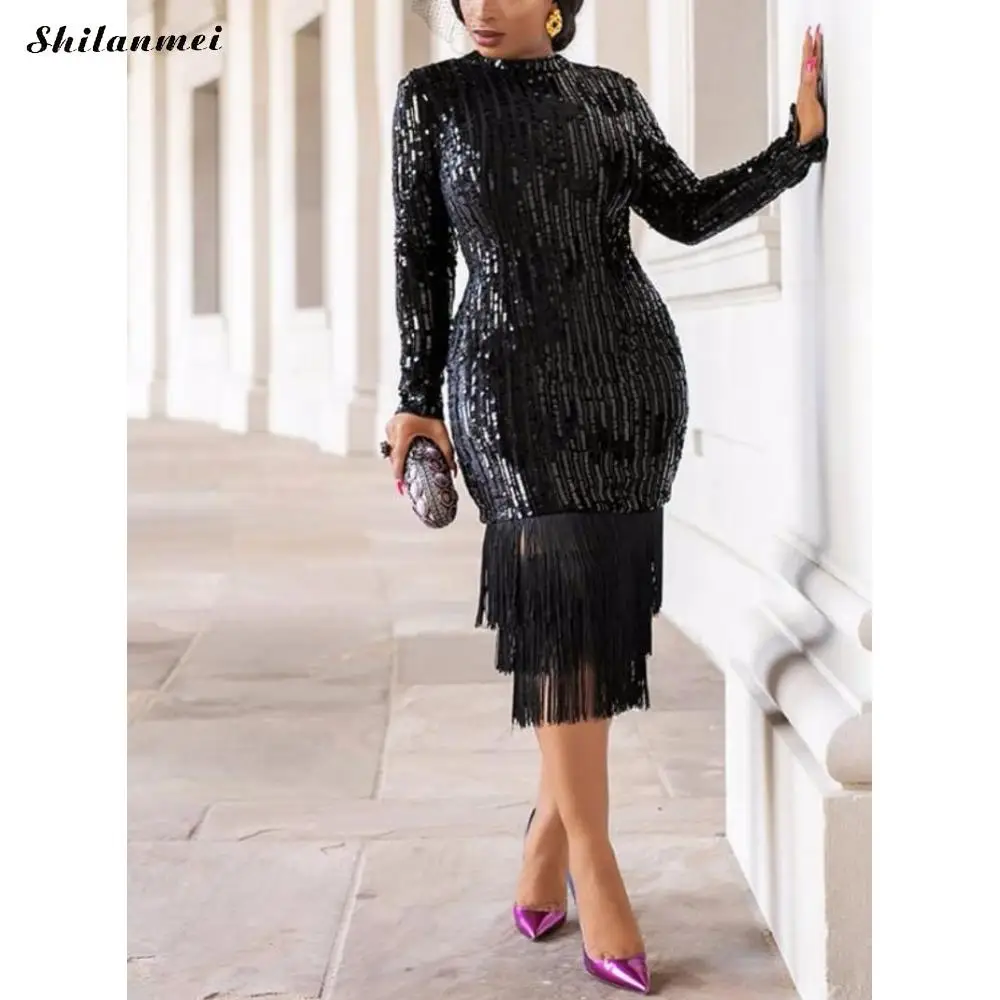

Black Sequin Party Dress Long Sleeve Women Tassel Slim Long Dresses Solid Silver Shining Evening Nightclub Dress Vestidos 3xl