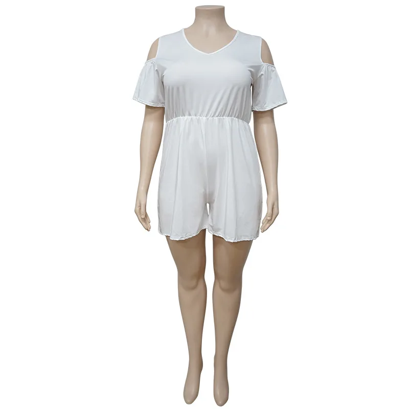 

Plus Size Women Solid Casual Jumpsuits Home Sports Wear Playsuits V-neck Hollow Out Short Sleeve High Waist Loose Short Rompers