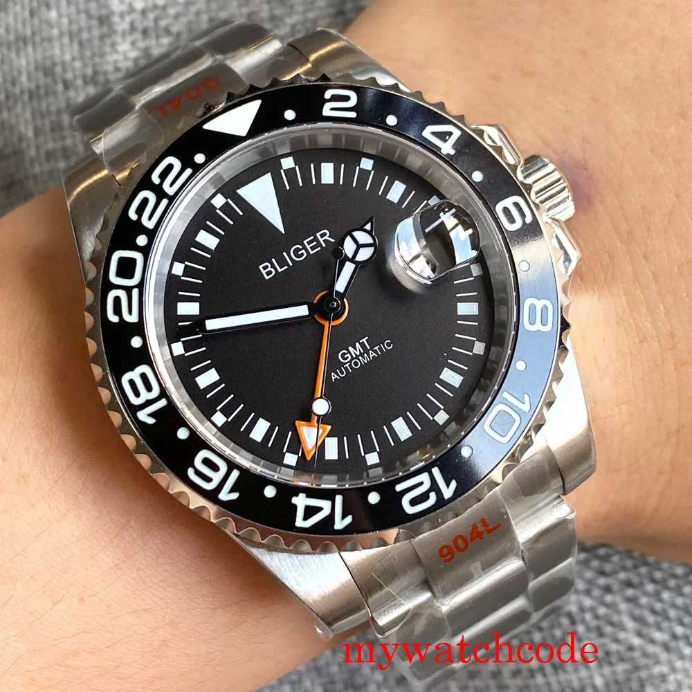 

Бренд Bliger 40 мм механические GMT автоматические мужские часы с сапфировым стеклом вращающийся ободок новые Mingzhu 3804 наручные часы светящиеся отметки