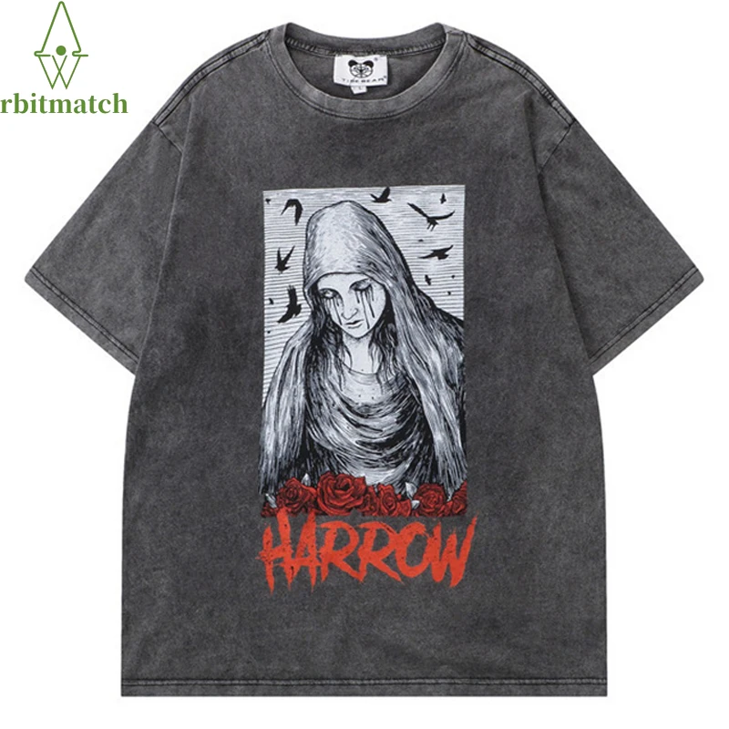 

Men Hip Hop Washed T-Shirt Dark Style Crying Girl Print T Shirt 2022 Summer Short Sleeve Tshirt Harajuku Cotton Loose Tops Tees