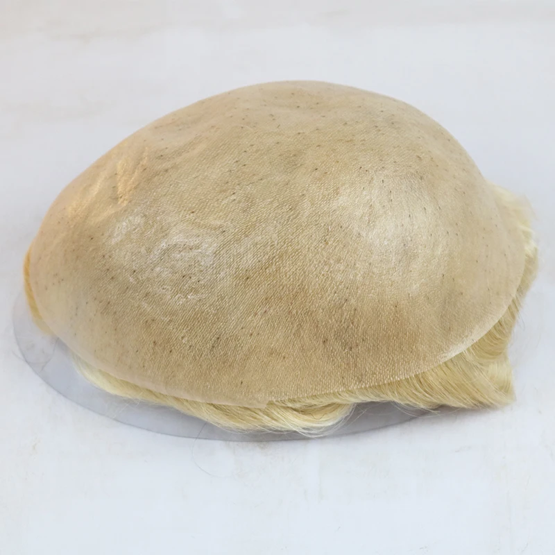 Full Poly Mens Toupee All Skin Hairpieces Blonde Thin Skin Human Hair Systems Hair Replacements All PU Wigs for Men 8x10 Inches