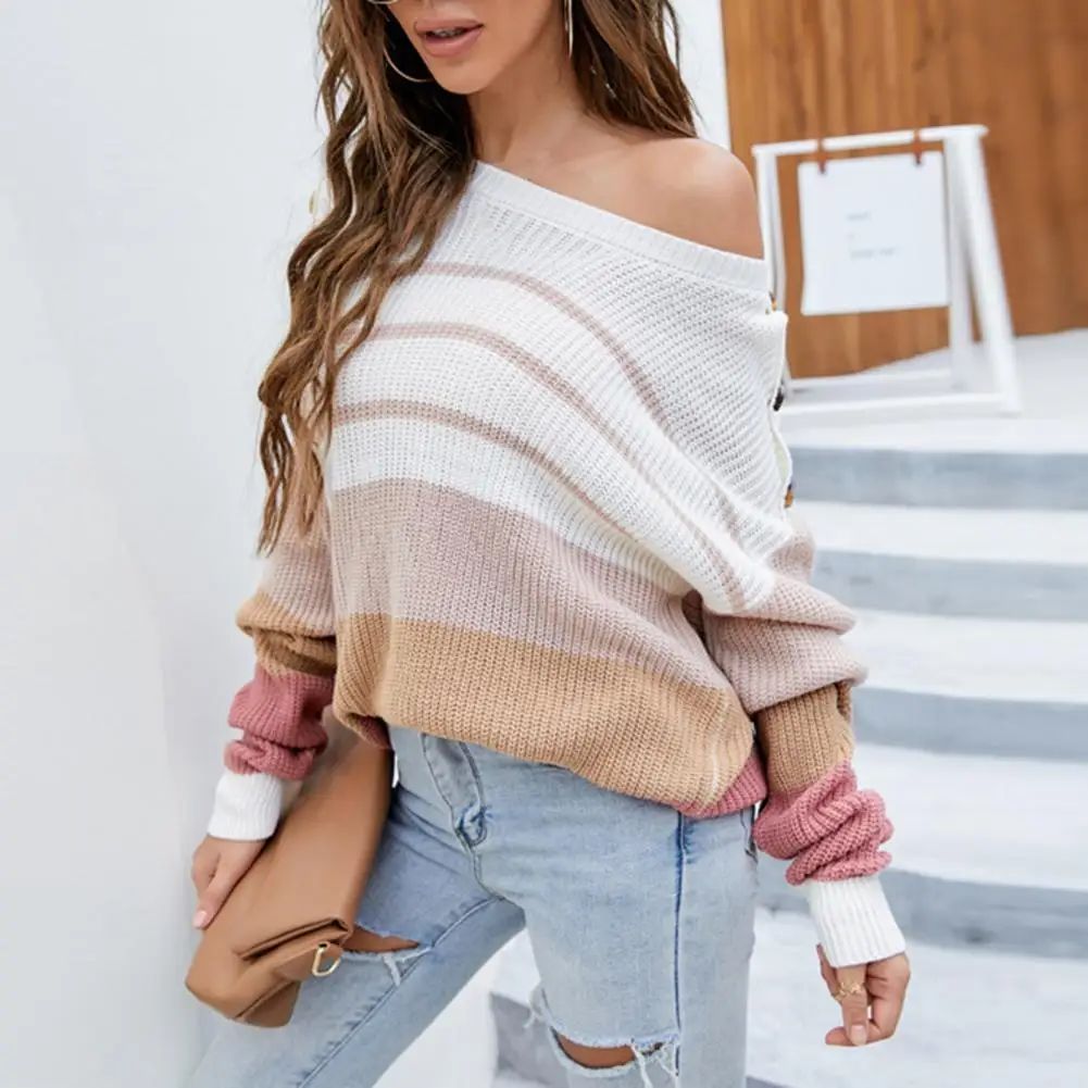 

Women Pullover Stylish Round Neck Buttons Sweater Simple Long Sleeve Sweater Striped Casual Warm Streetwear Retro Pullovers