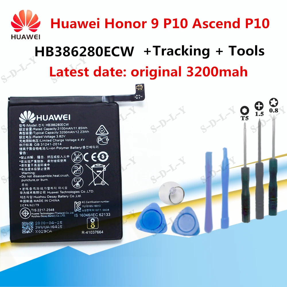 

Original Replacement Battery For Huawei Honor 9 P10 AscendP10 HB386280ECW STF-L09 STF-AL10 Genuine Phone 3200mAh+ Tools