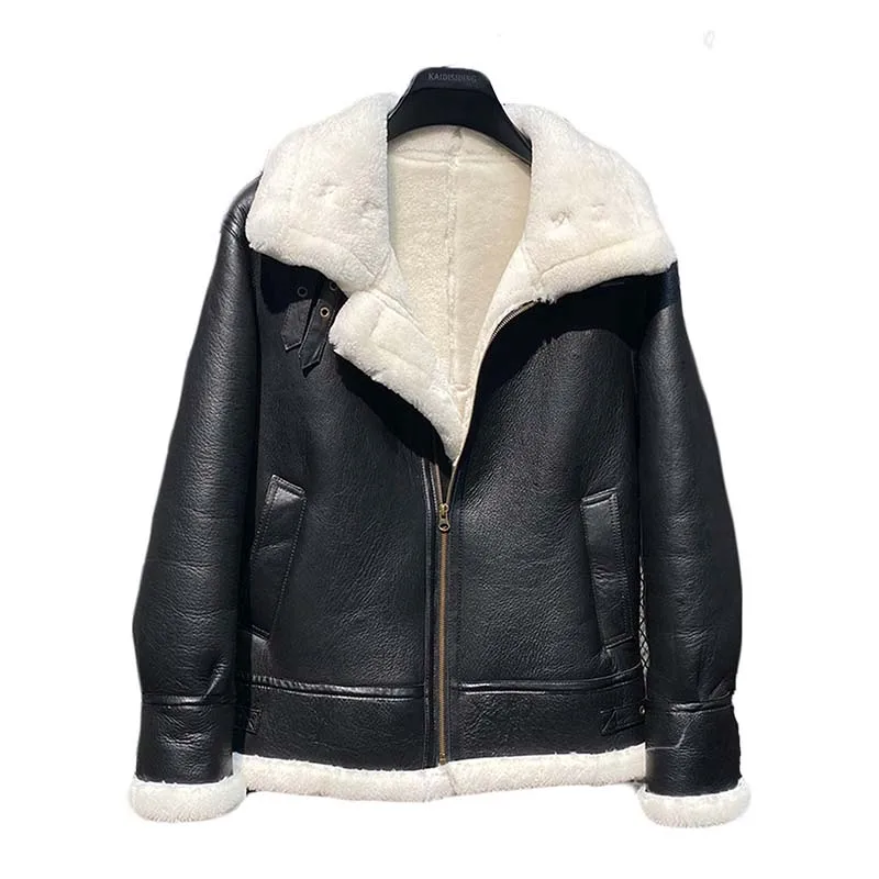 

2022 winter men's fashion lamb sheep fur sheepskin leather surface shearling wool lining biker jacket coat