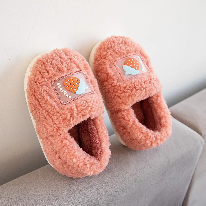 

Kids Lovely Flat Slippers Fruits Solid Indoor Girls and Boys Cotton-padded Shoes Children Winter Pink Warm Round-toe Slippers