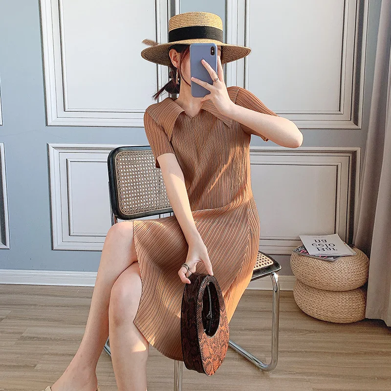 

LANMREM 2021 Women Summer Retro Front Split Dresses Slim Turn Down Collar Short Sleeve Party Female Elegant Fold Dress 2D1254
