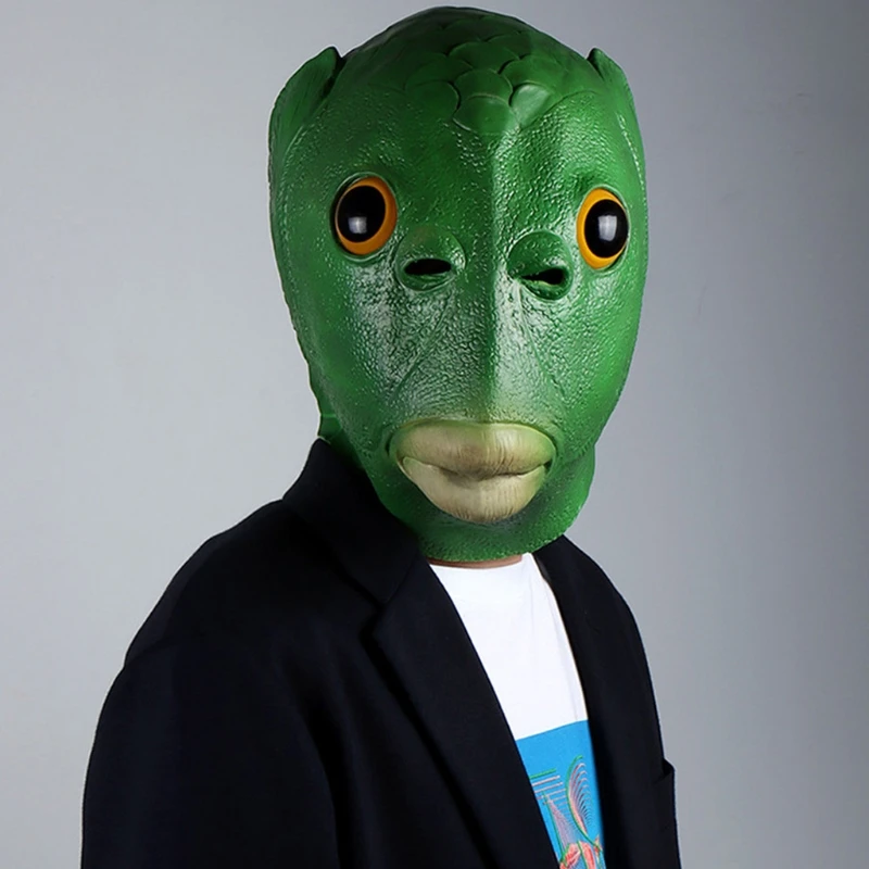 

Adult Unisex Funny Green Fish Head Animal Latex Headgear Mask Furry Gloves Halloween Christmas Cosplay Costume Accessories M7DD