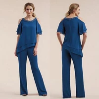 navy blue plus size mother of the bride pants suit chiffon 2 pcs suits wedding guest gowns short sleeves formal evening party
