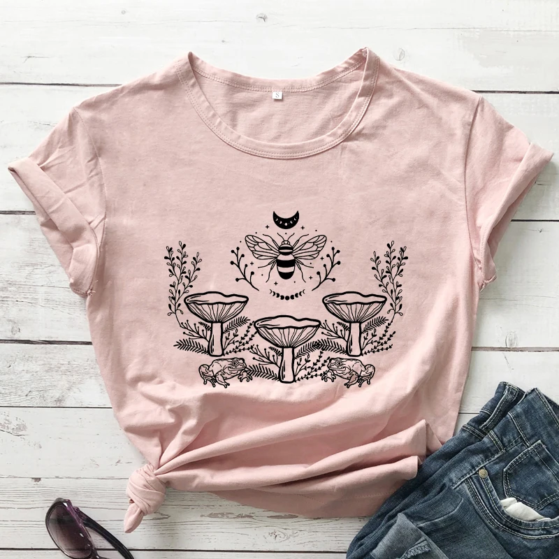 Футболки Moon Phase Bee Забавные лягушки рубашки гриб Cottagecore в эстетике футболка