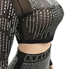 Kricesseen Sexy Mesh Hot Drilling See Through Skirt Set Women Crystal Long Sleeve Top And Maxi Skirt Suits Clubwear Outfits 10