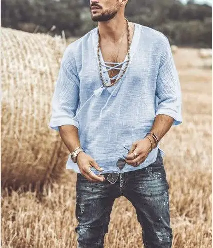 Рубашка Мужская льняная с рукавом до локтя и V-образным вырезом |