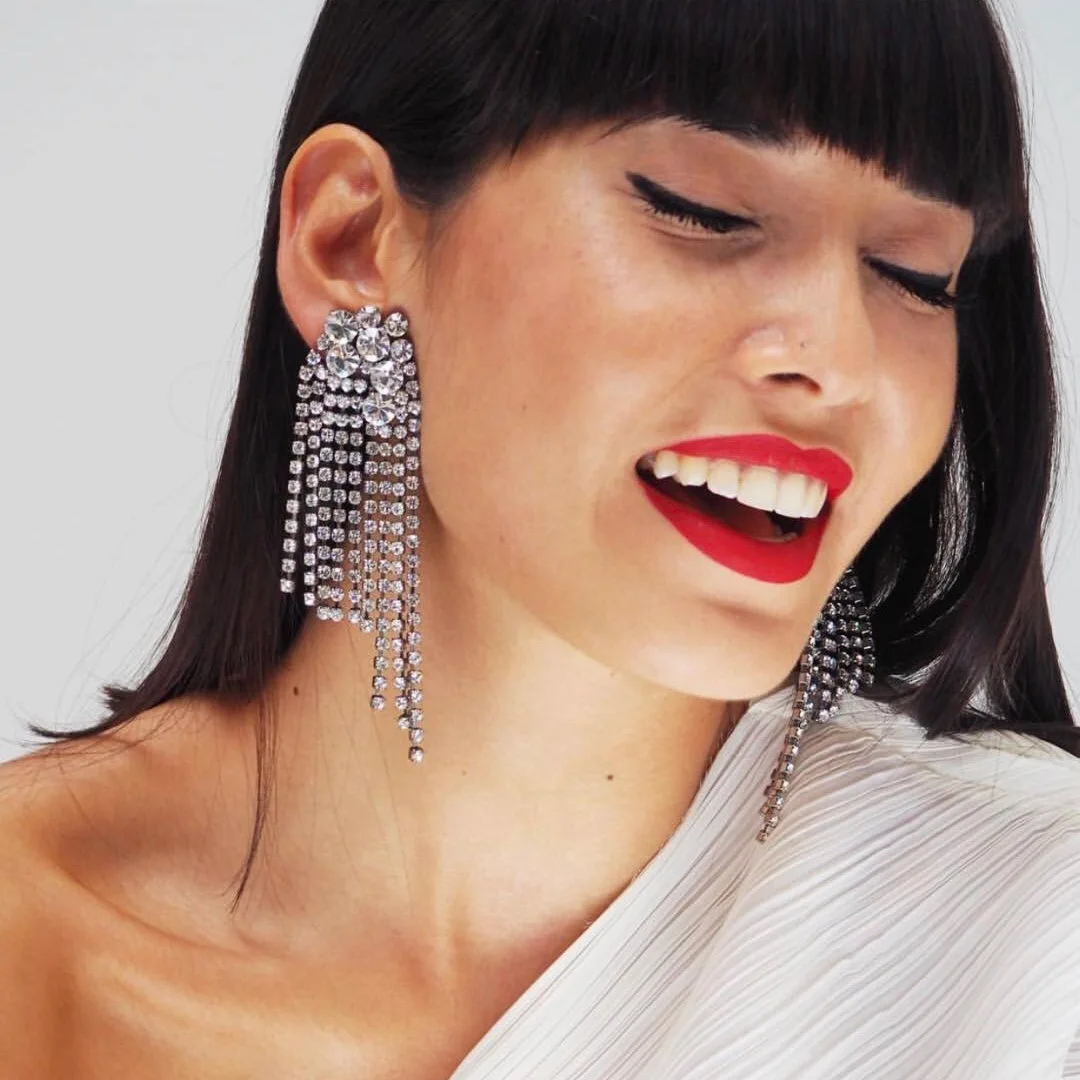

Retro exaggerated temperament full diamond crystal tassel earrings