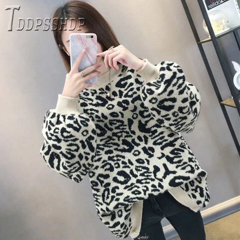 

2019 Leopard Jacquard Casual Women Sweater Loose Pullover Winter Knitted Sweaters Ladies Jumper