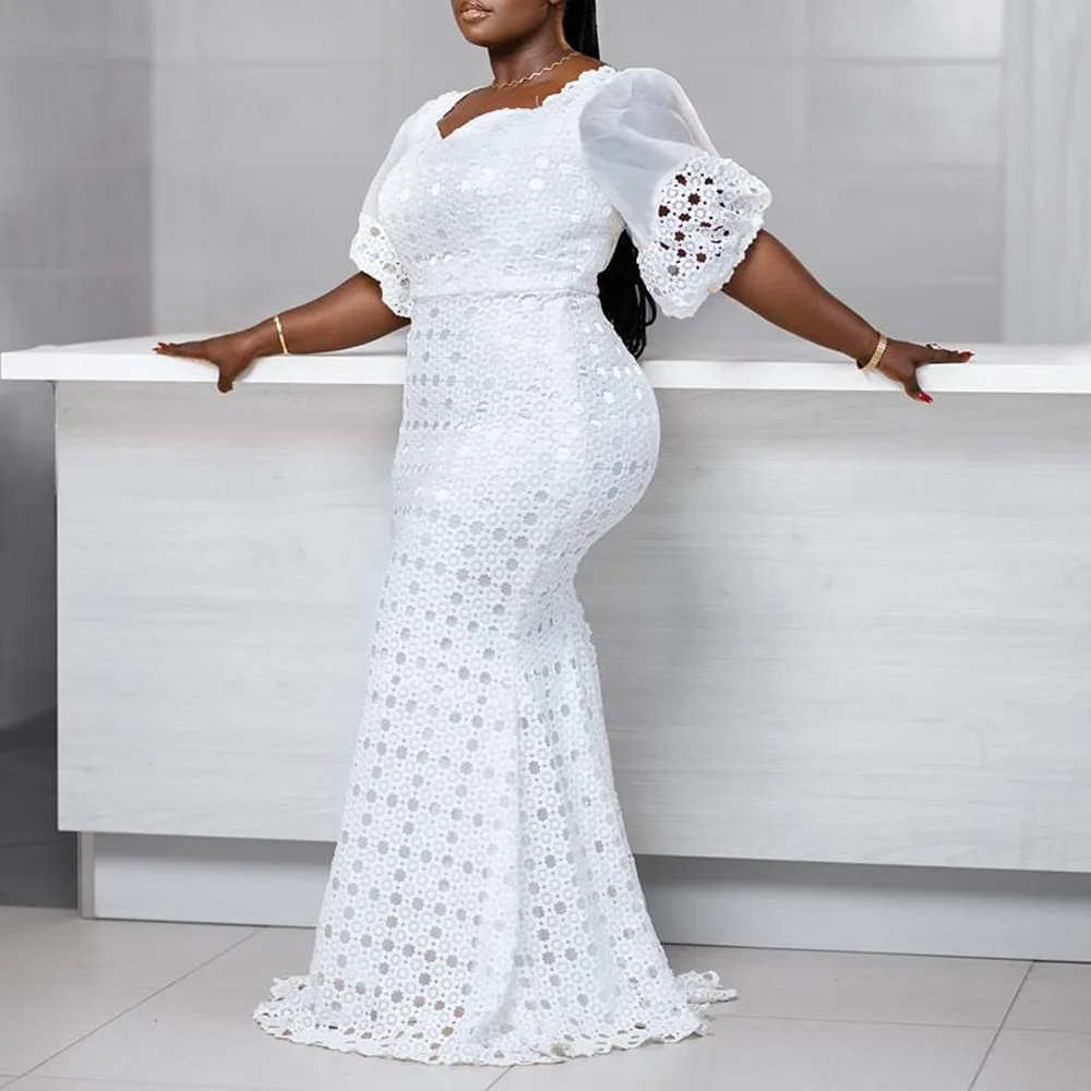 Элегантное вечернее белое длинное платье, женское сексуальное облегающее платье с вырезами, кружевными рукавами-фонариками, длиной до пола...
