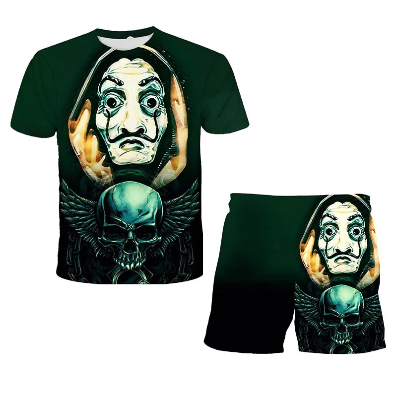 

Children Tshirt Banknote house Print T shirt Boys Fashion Short Sleeve Harajuku T shirt Black Cool Tops +Shorts Sets Summer New