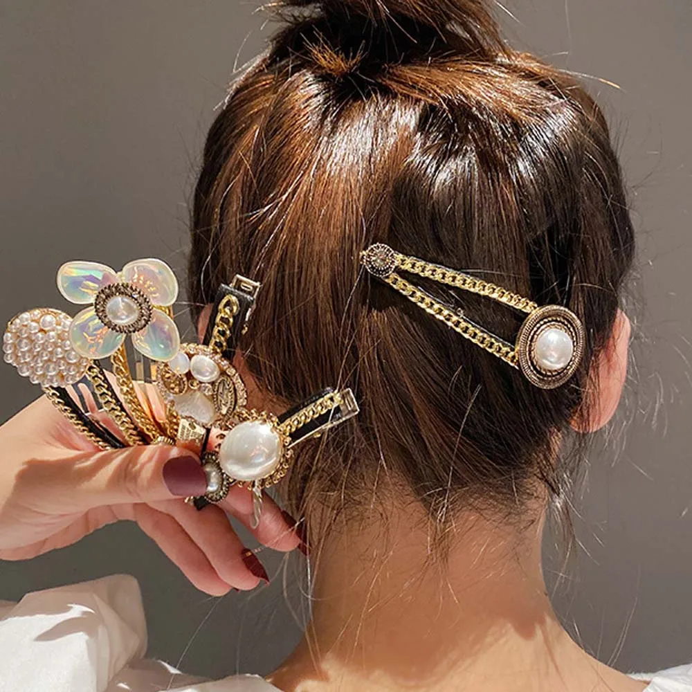 Заколка для волос женская черная корейский стиль цепочка с жемчугом и стразами |