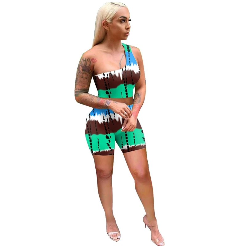 

Tie Dye Two Piece Tracksuit Women Set One Shoulder Crop Top Biker Shorts Summer 2021 Sexy Backless Club Matching Sets