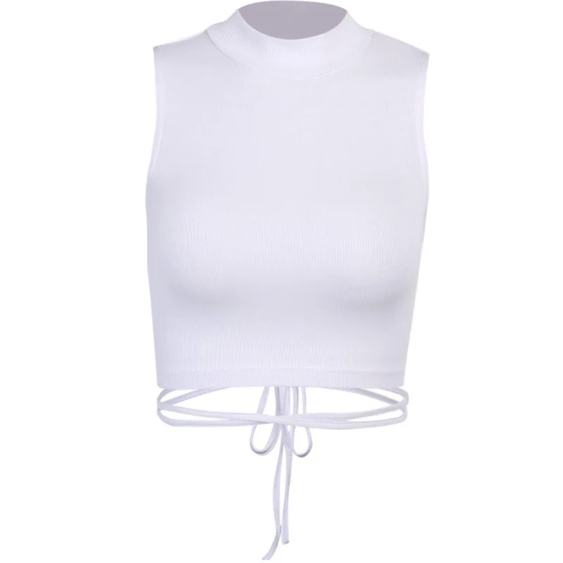 

[DEAT] Women Solid Color Bandage Backless Chiffon T-shirt New Round Neck Sleeveless Slim Fit Fashion Tide Summer 2021 7E446