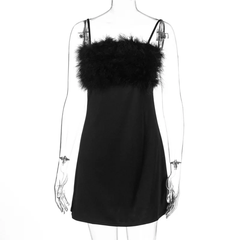 Сексуальное женское платье комбинация с мехом розовое Черное мини без рукавов на
